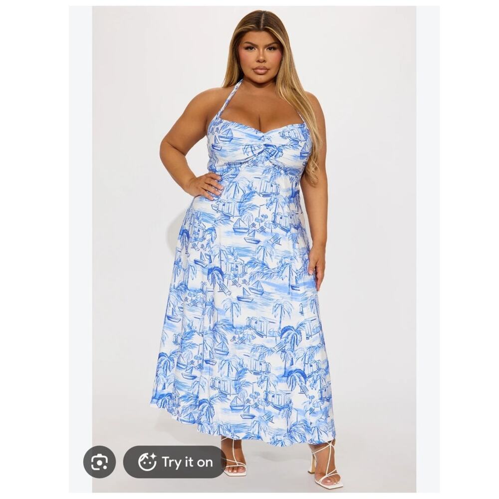 Fashion Nova Bahama Living Linen Halter Dress Midi 3X Resort Palm Trees Vacay